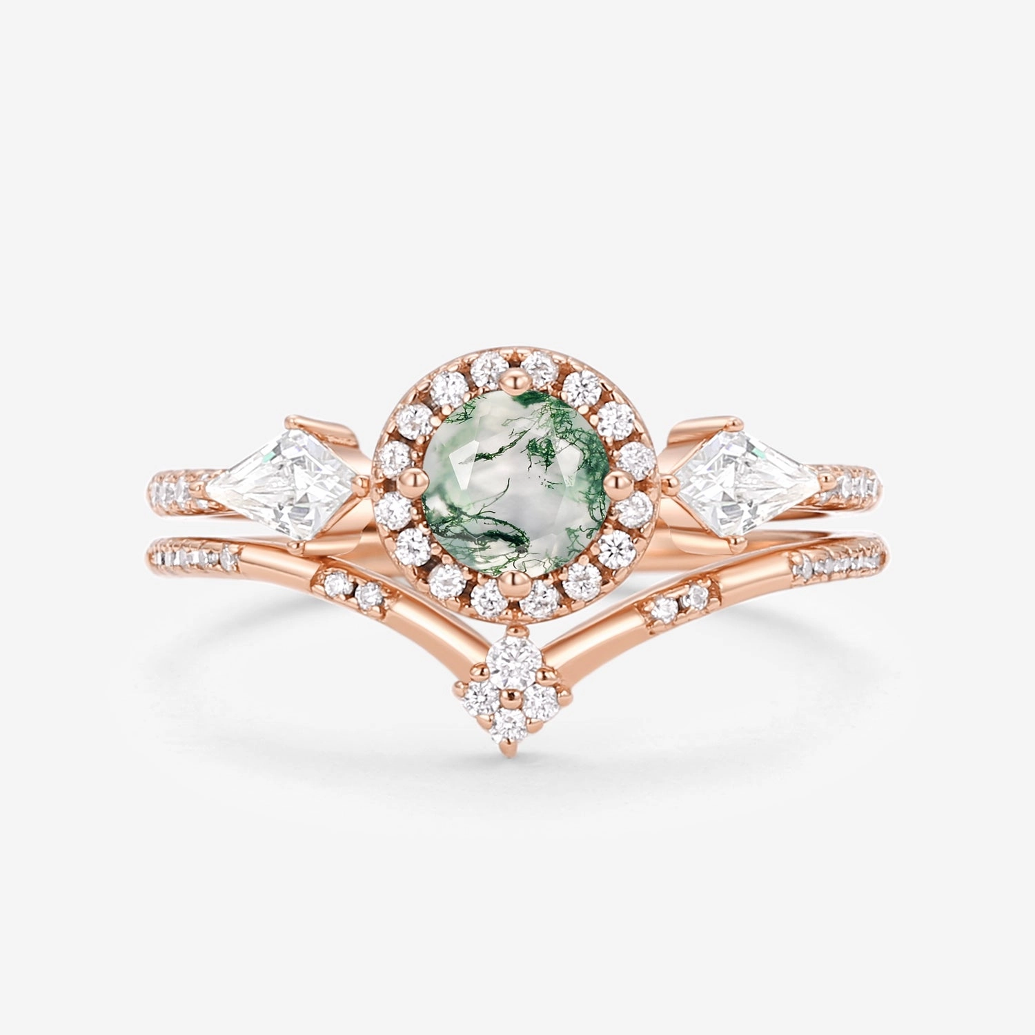 Round Shaped Moss Agate Halo Engagement Ring Sets 2pcs Memorable Present