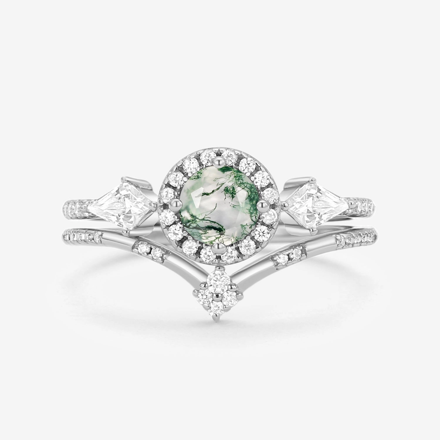 Bold piece Club Membership Round Shaped Moss Agate Halo Engagement Ring Sets 2pcs