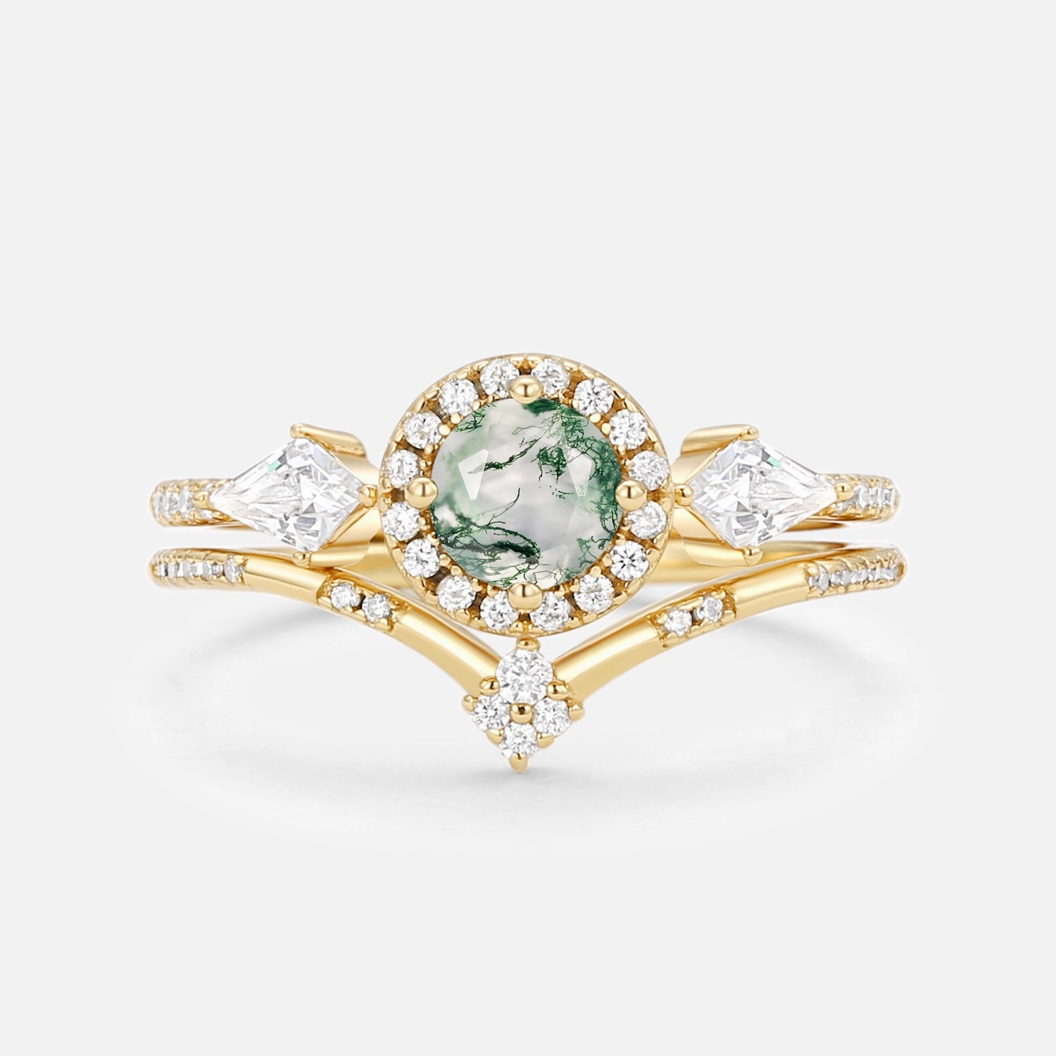 Round Shaped Moss Agate Halo Engagement Ring Sets 2pcs Durable Article Vibrant Touch