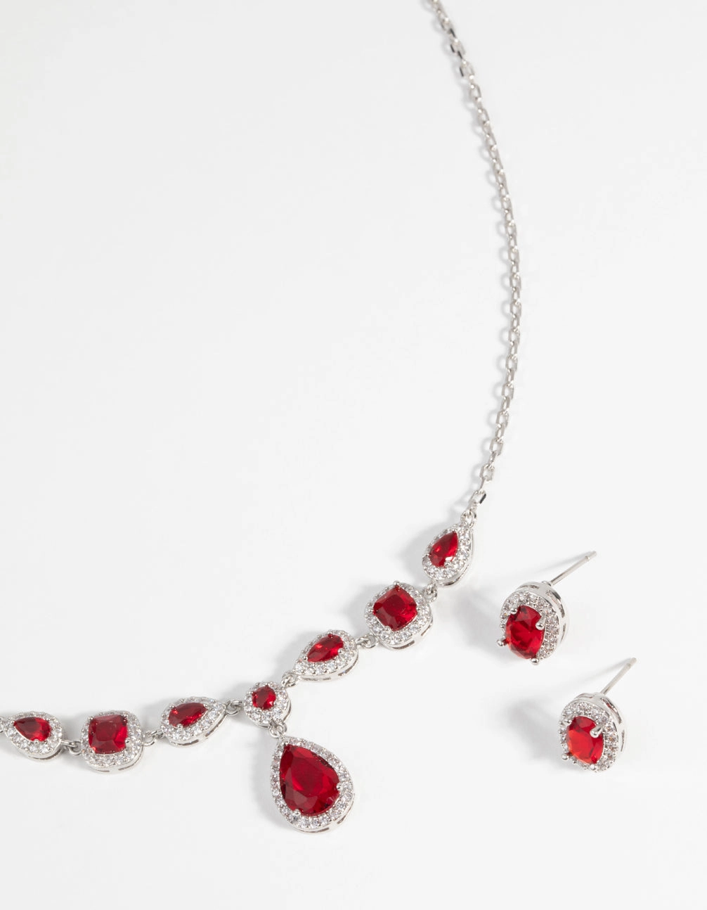 Ruby Diamond Simulant Oval Necklace & Earrings Set Glamourous Piece