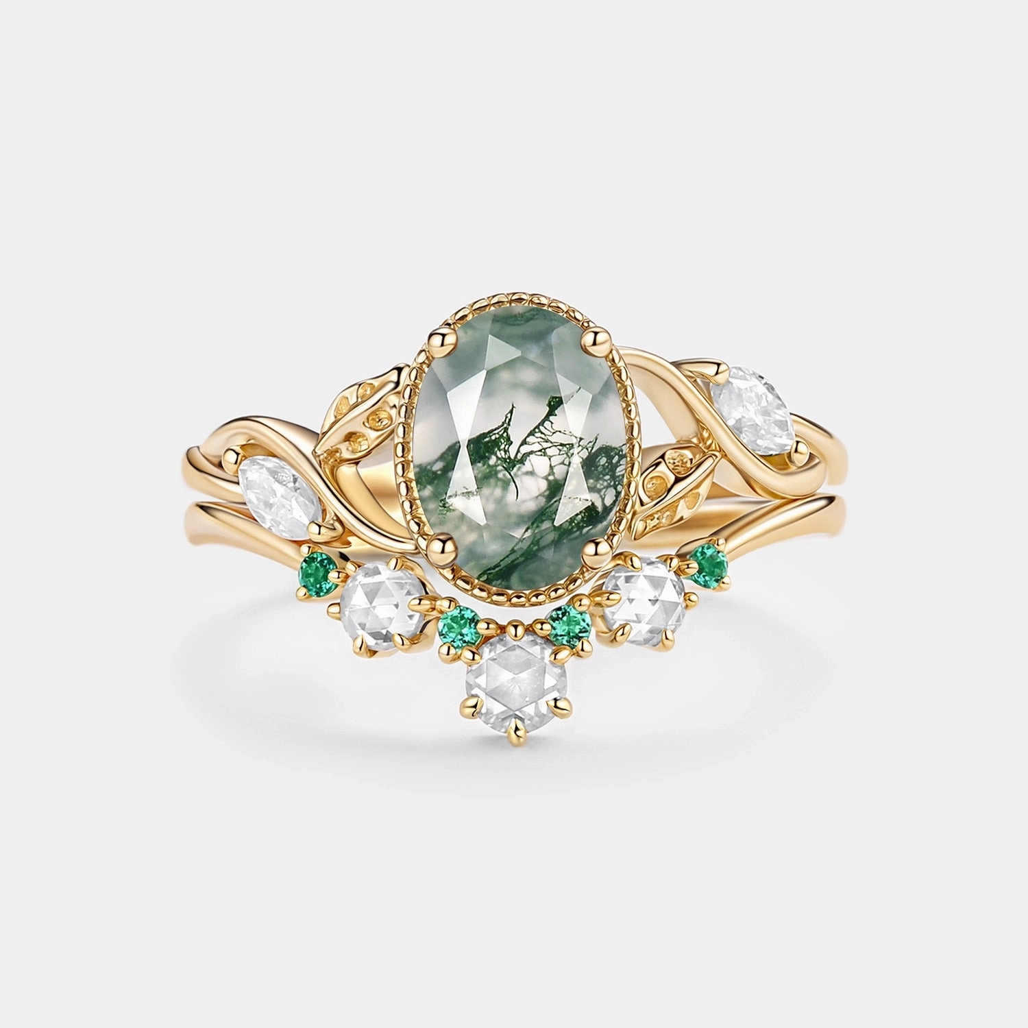 Soft Glow Up Distinctive Accent Moss Agate & Lab Emerald Oval Cut Leaf Ring Set 2pcs - Lora