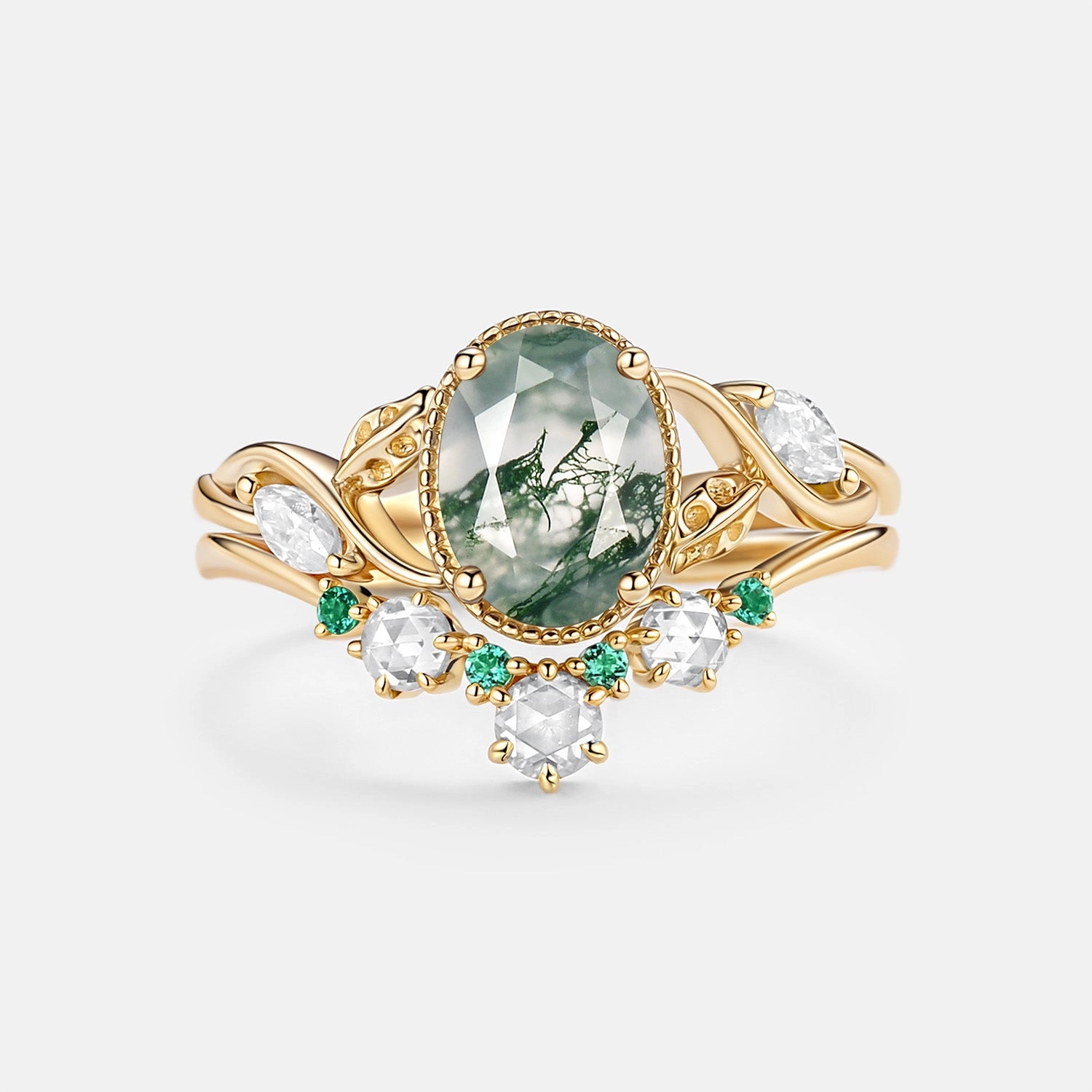 Personal Symbol Moss Agate & Lab Emerald Oval Cut Leaf Ring Set 2pcs - Lora