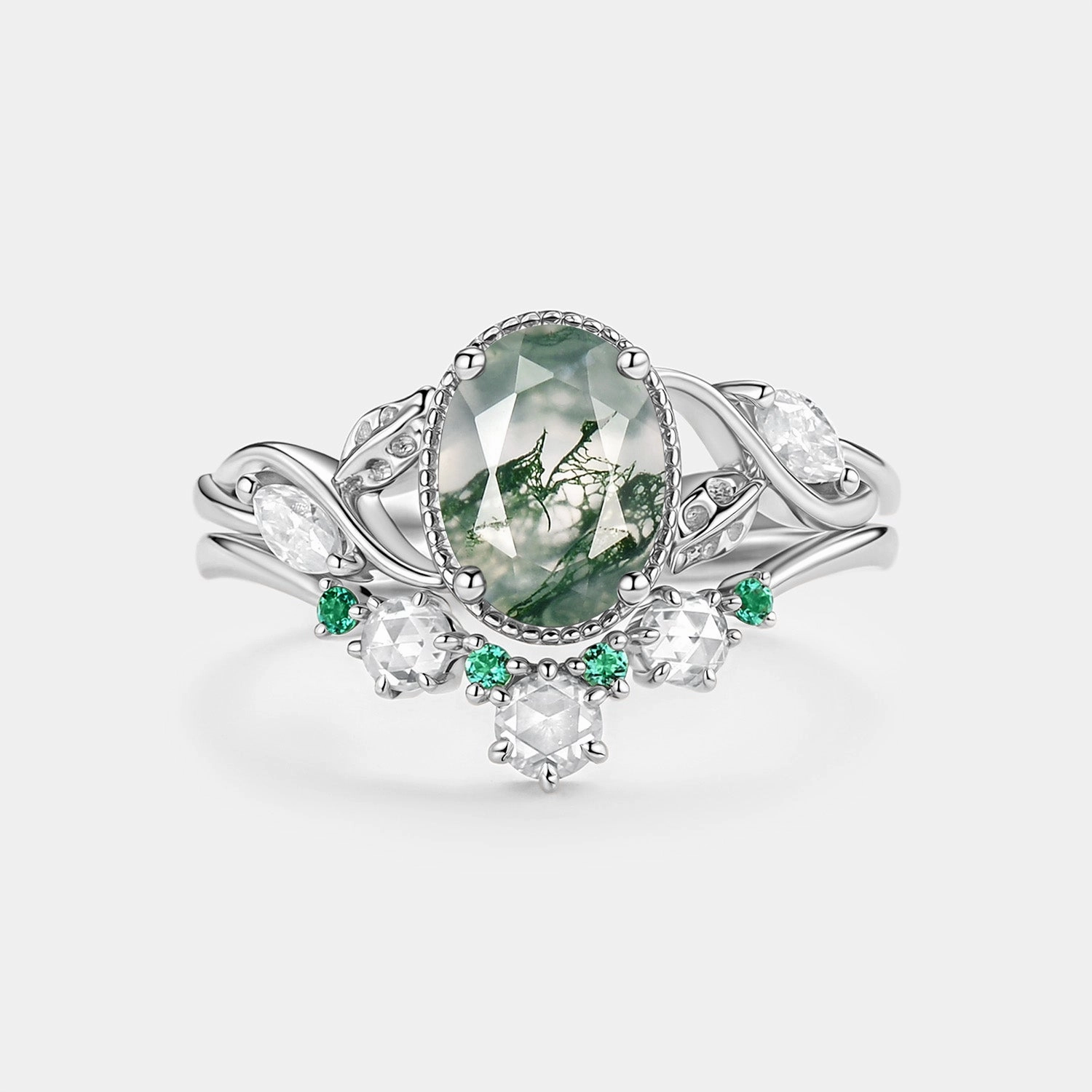 Moss Agate & Lab Emerald Oval Cut Leaf Ring Set 2pcs - Lora Pre Assembled Premium item