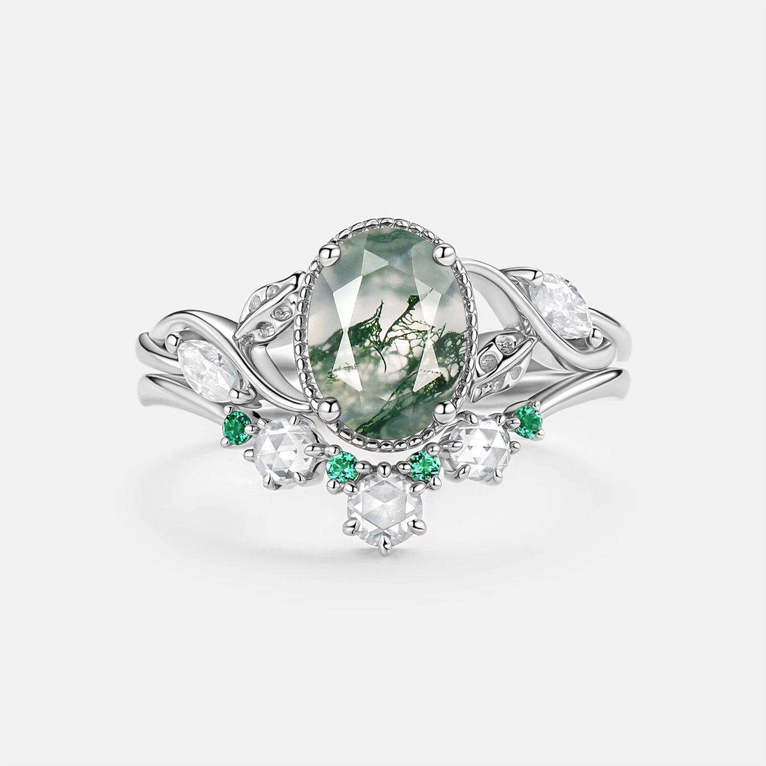 Unique Detail Moss Agate & Lab Emerald Oval Cut Leaf Ring Set 2pcs - Lora