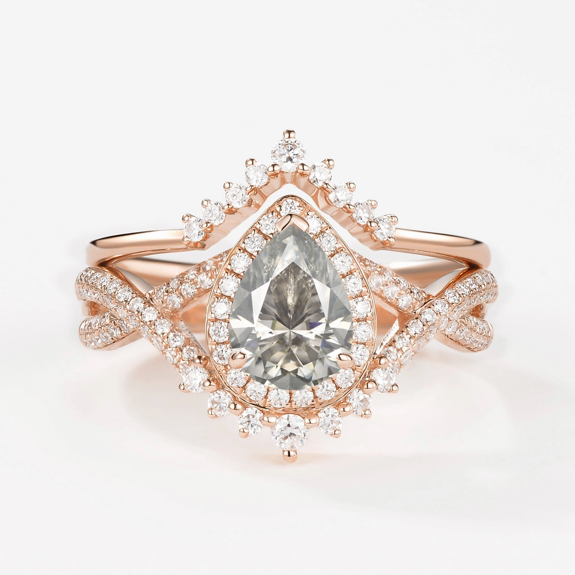 Artisan Detail Pear Moissanite Halo Infinity Ring Set 2pcs - Valentina