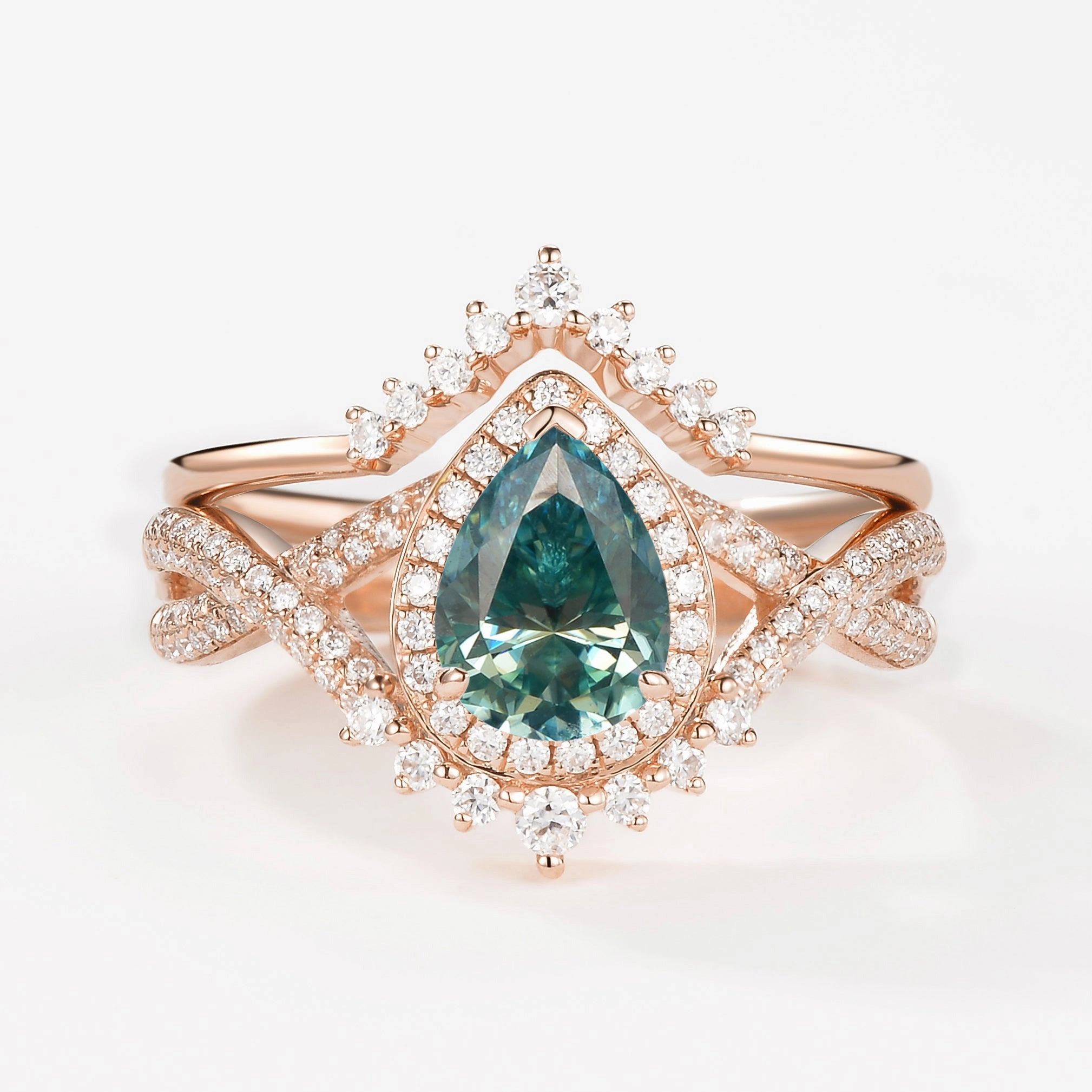 Pear Moissanite Halo Infinity Ring Set 2pcs - Valentina Classic Lines