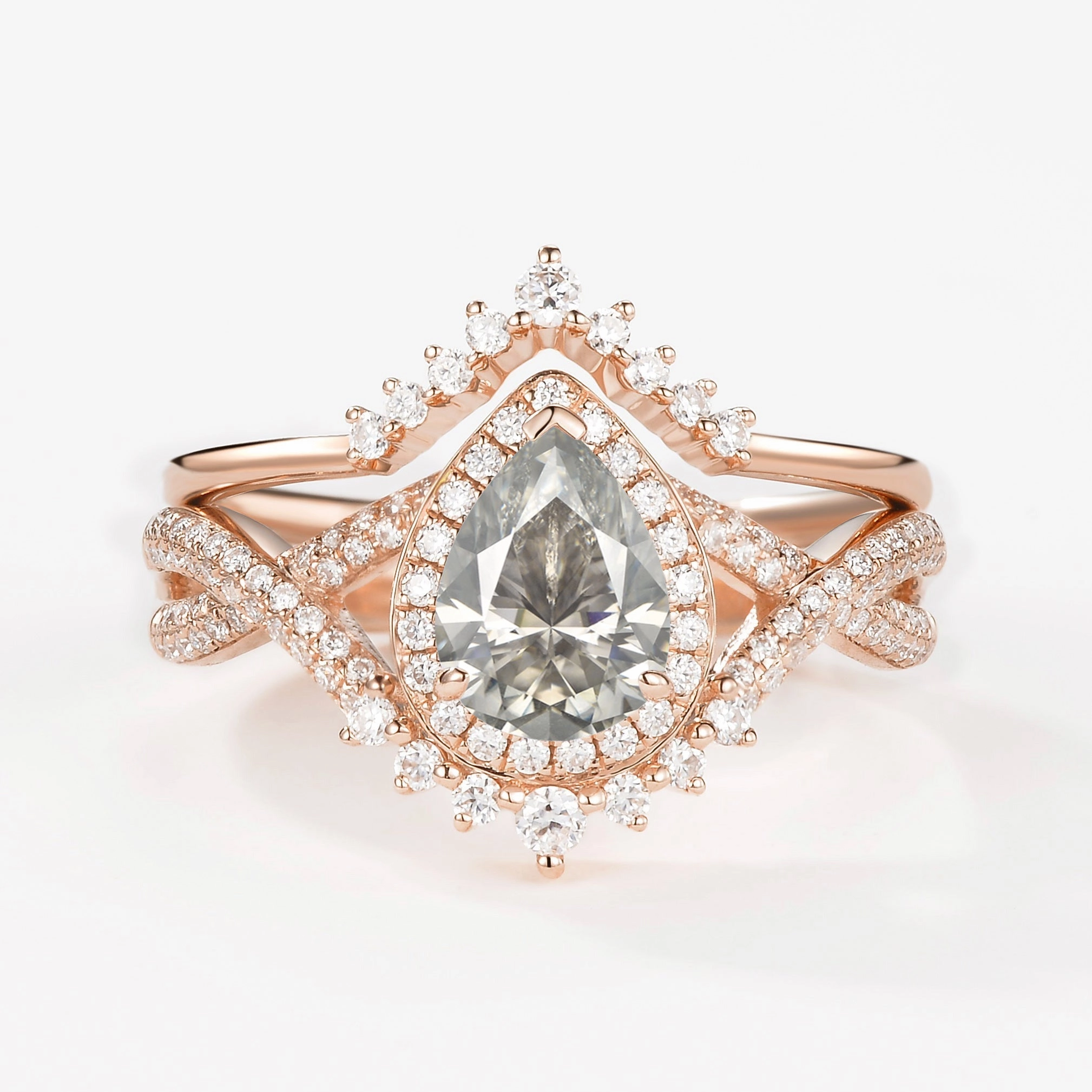 Charming Radiance Soft Contrast Pear Moissanite Halo Infinity Ring Set 2pcs - Valentina