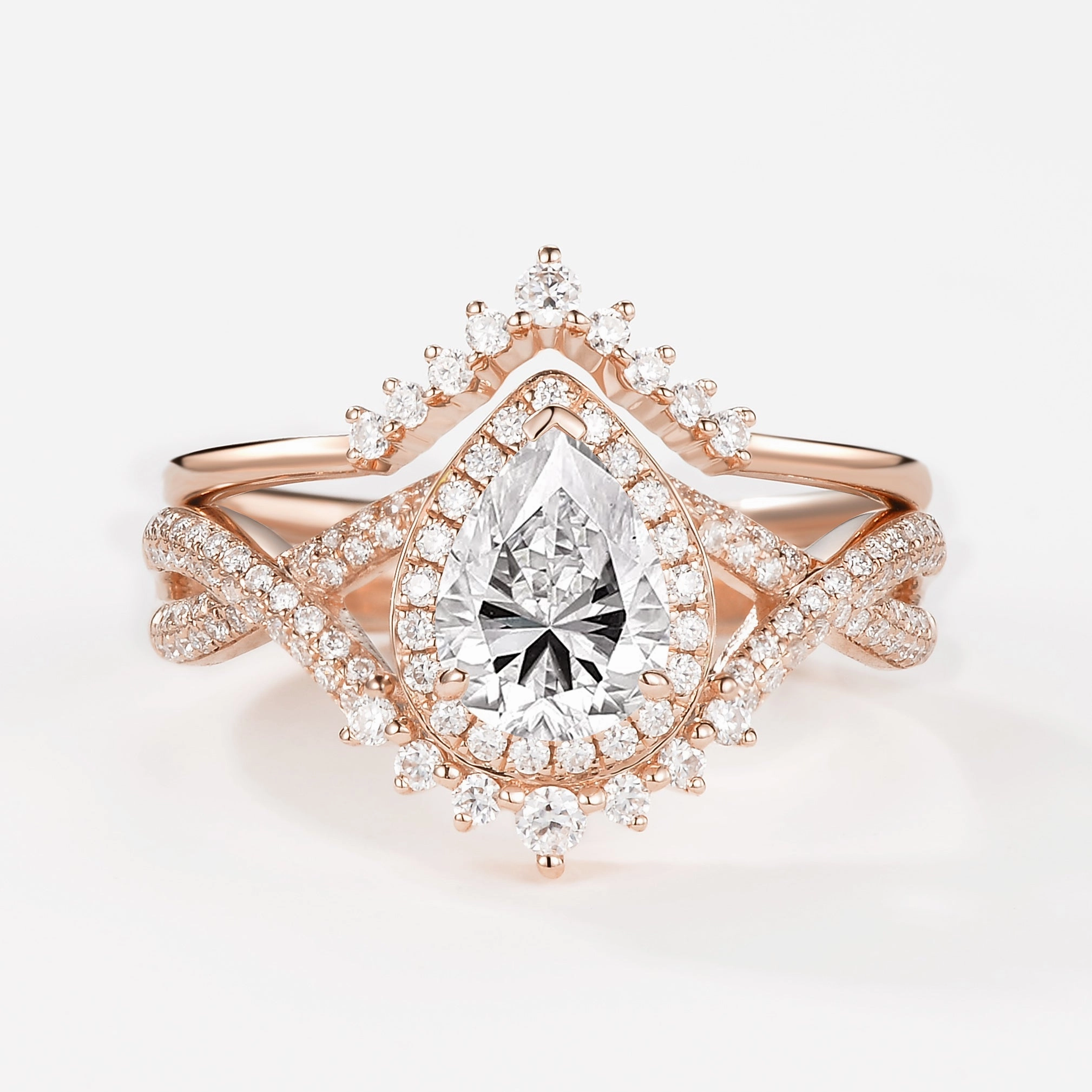 Pear Moissanite Halo Infinity Ring Set 2pcs - Valentina Fine Object