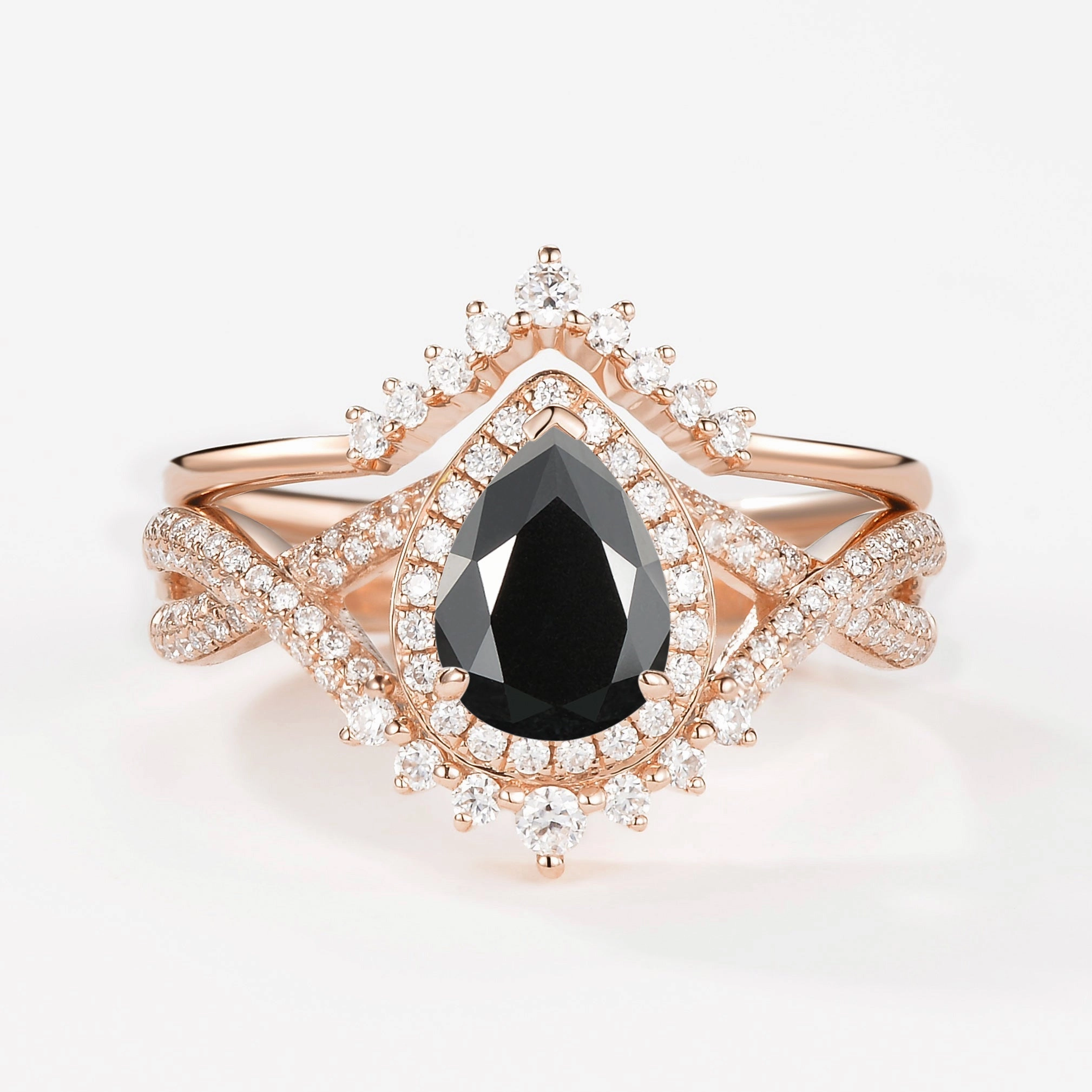 Neutral Mood Easy Care Pear Moissanite Halo Infinity Ring Set 2pcs - Valentina