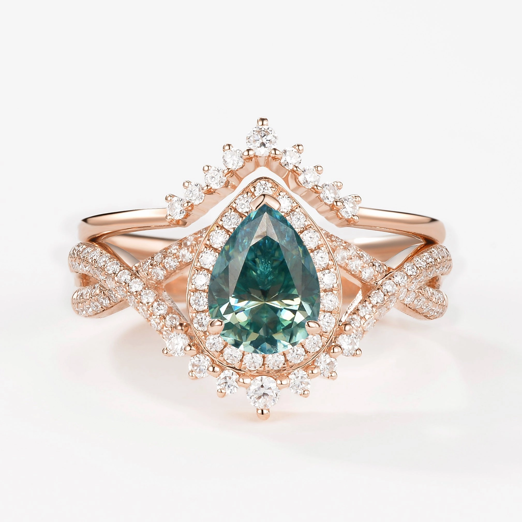 Pear Moissanite Halo Infinity Ring Set 2pcs - Valentina Luxury Decoration