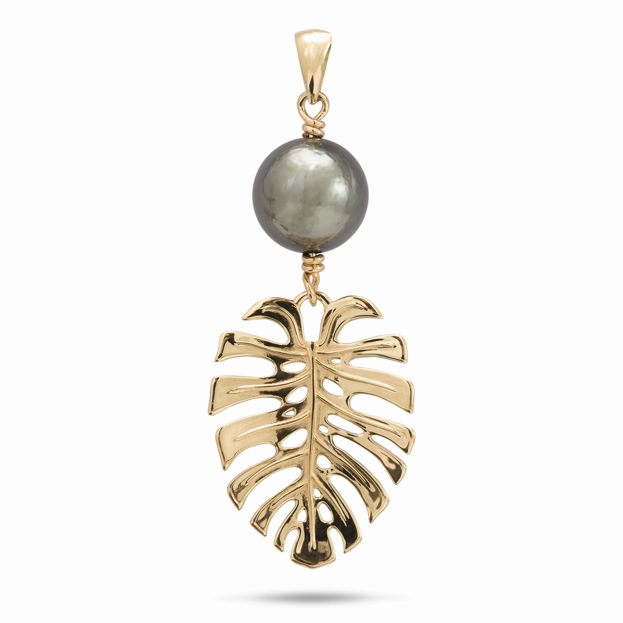 Shiny Lines Signature Form Monstera Tahitian Black Pearl Pendant in Gold - 23mm