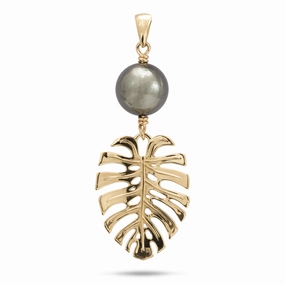Shiny Lines Signature Form Monstera Tahitian Black Pearl Pendant in Gold - 23mm