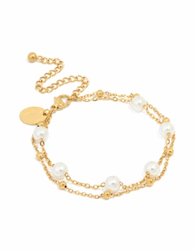 Waterproof Gold Plated Stainless Steel Double Layer Pearl Ball Bracelet Shimmer Effect