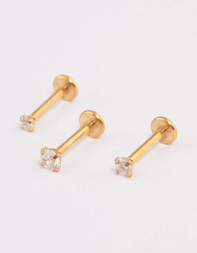 Gold Plated Surgical Steel Cubic Zirconia Stud Flat Back Pack Bridal Ready Elegant Fit