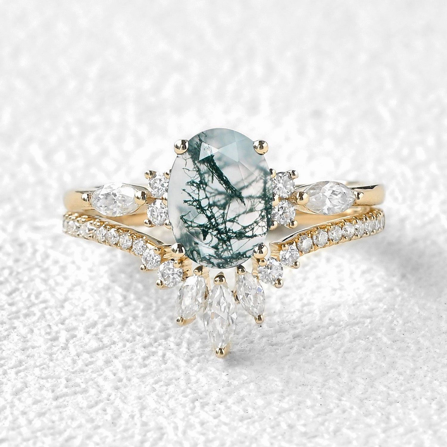 1.5ct Oval Cut Moss Agate Engagement Ring Set 2pcs - Rebecca Sophisticated Accent Effortless Touch