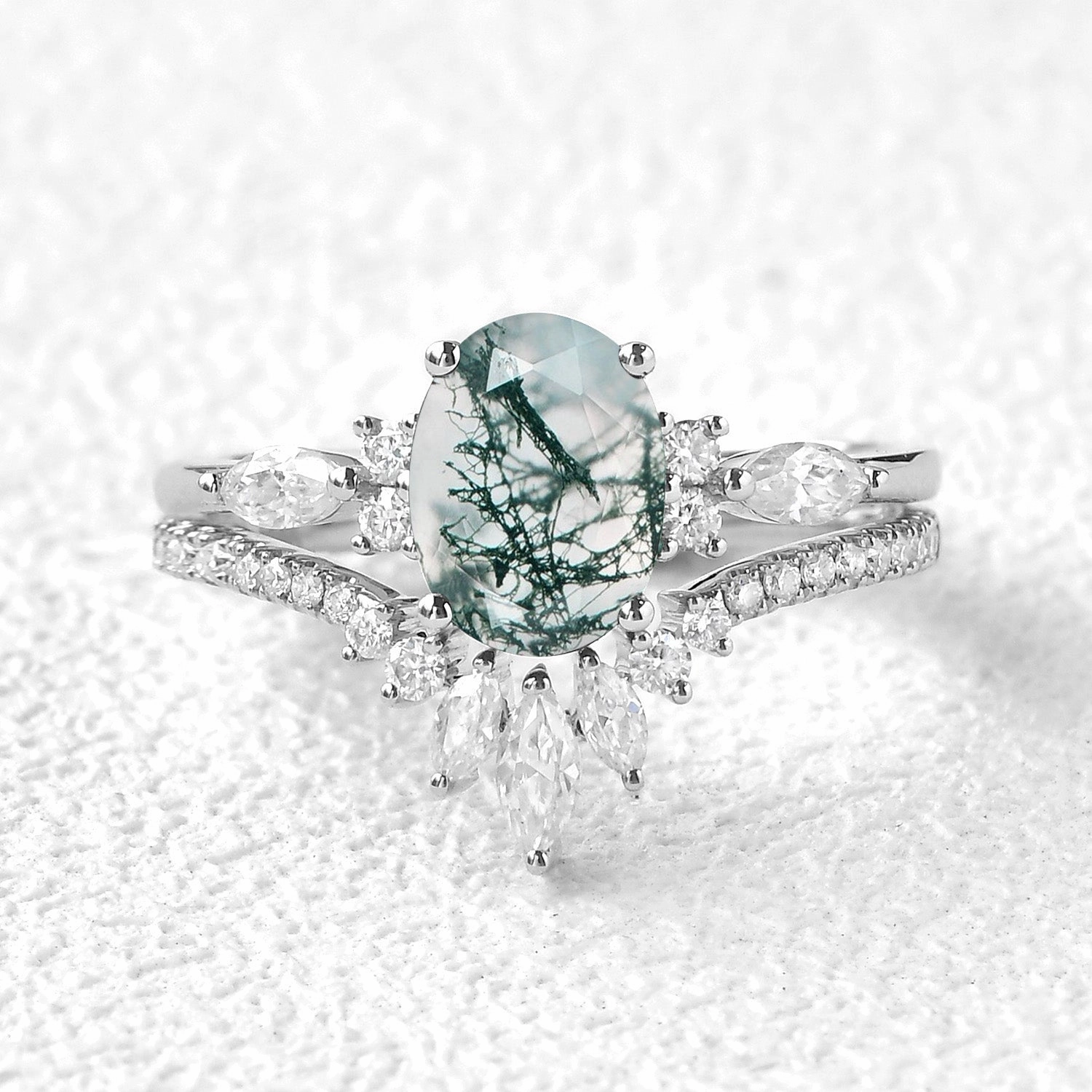 Glamour Shine 1.5ct Oval Cut Moss Agate Engagement Ring Set 2pcs - Rebecca