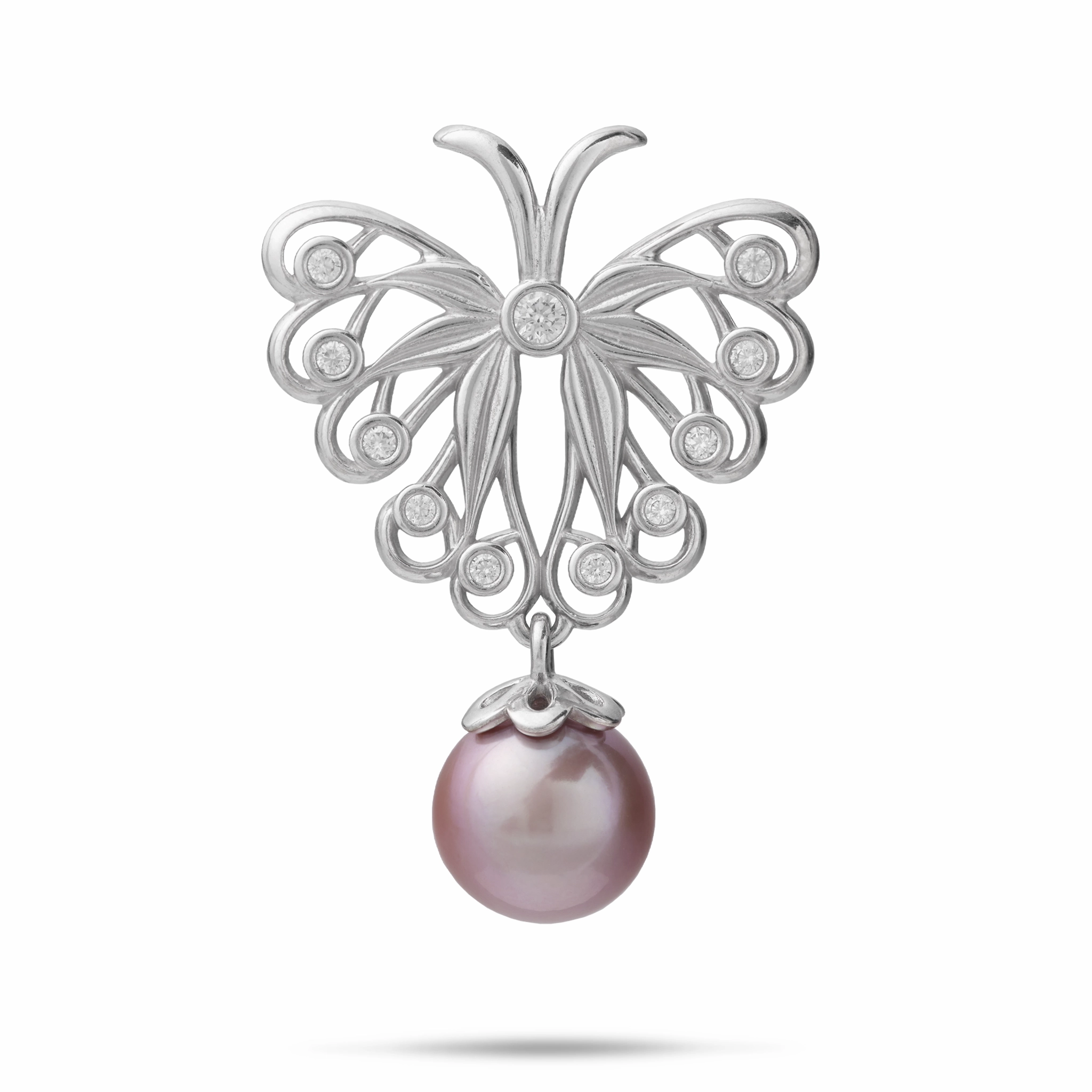 Opulent Craft Radiant Finish Pulelehua (Butterfly) Freshwater Pearl Pendant in Sterling Silver with Cubic Zirconia - 24mm