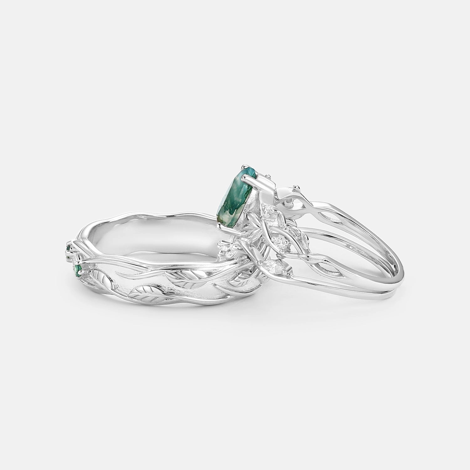 Pear Shaped Moss Agate Three Leaves Couple Ring Set 3pcs Personal Craft Abstract Pattern