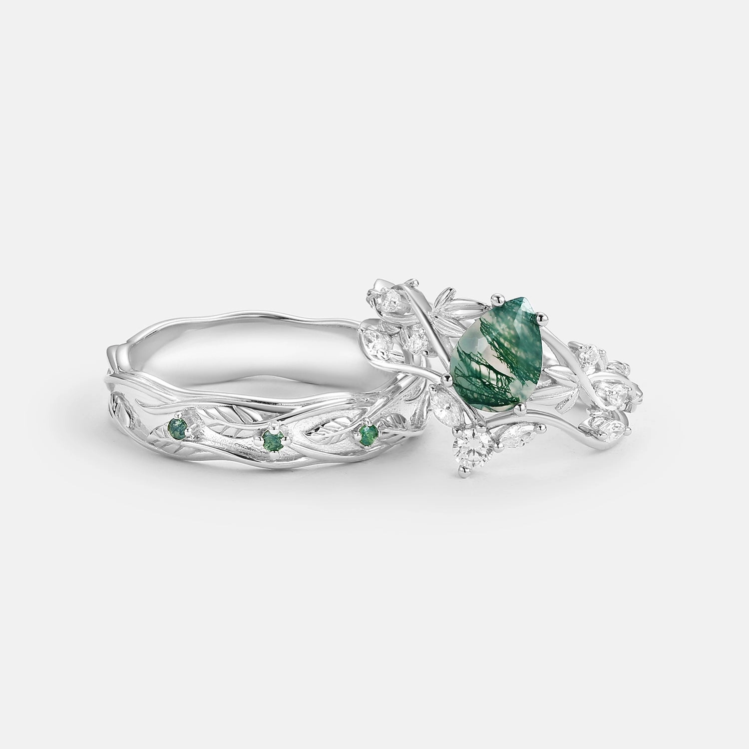Classic Attire Pear Shaped Moss Agate Three Leaves Couple Ring Set 3pcs