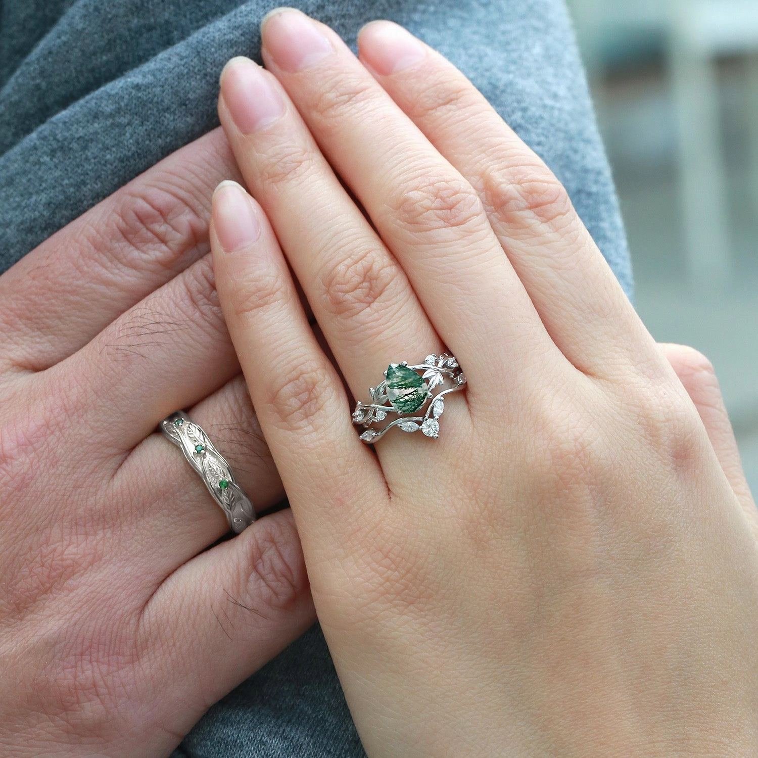 Pear Shaped Moss Agate Three Leaves Couple Ring Set 3pcs Value Item Gift Under 50
