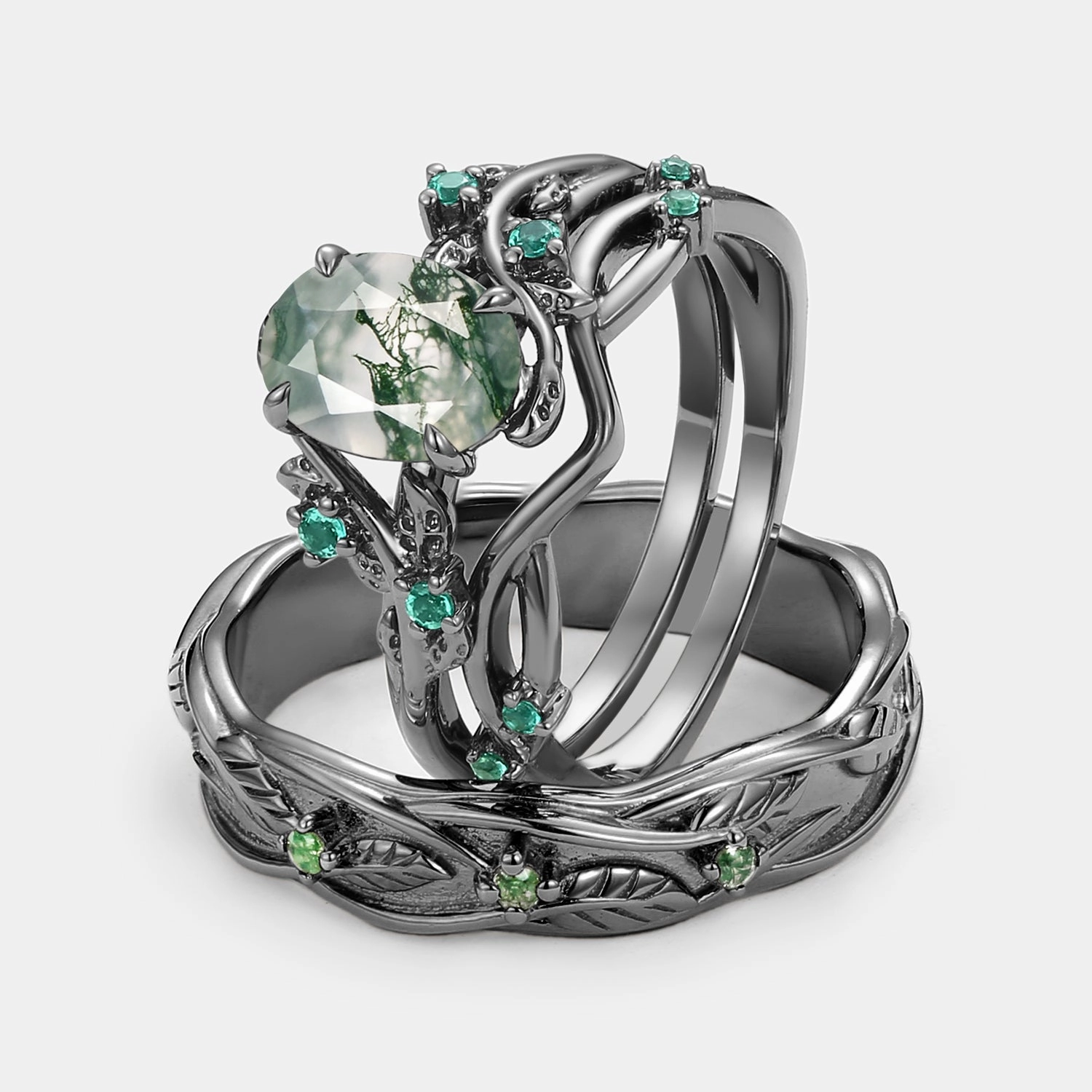 Nature Inspired - Black Gold Moss Agate Couple Ring Set 3pcs - Mossy Fresh Accent