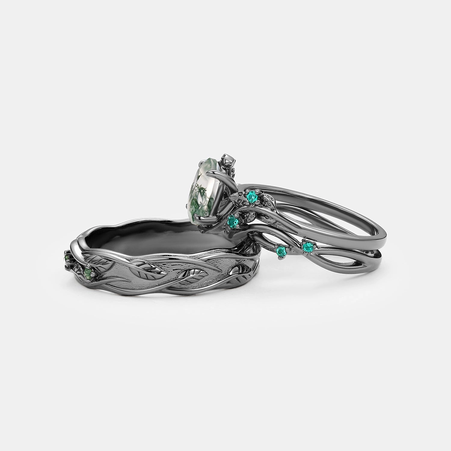 Classic Embellishment Nature Inspired - Black Gold Moss Agate Couple Ring Set 3pcs - Mossy