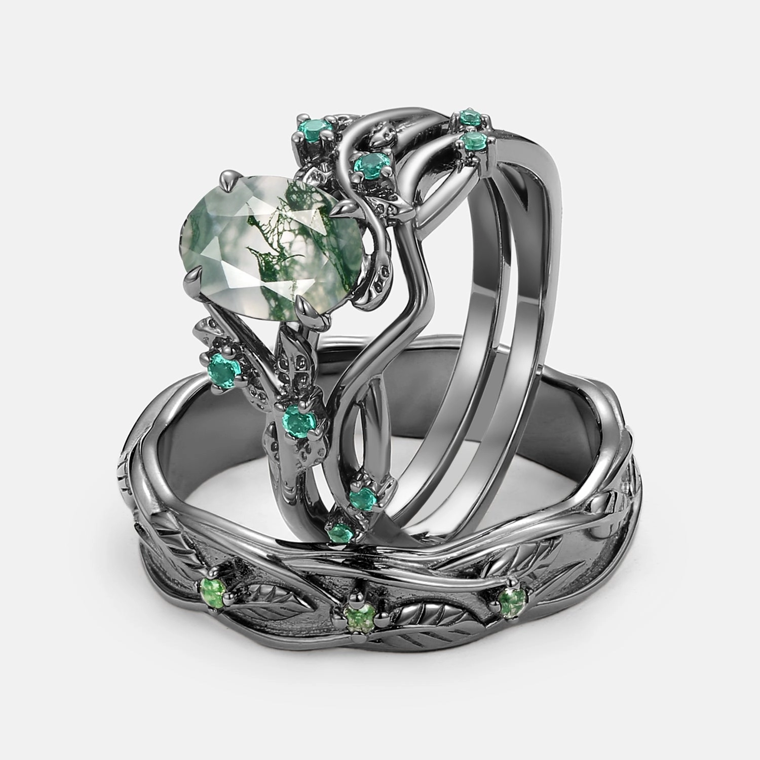 Nature Inspired - Black Gold Moss Agate Couple Ring Set 3pcs - Mossy Timeless Present