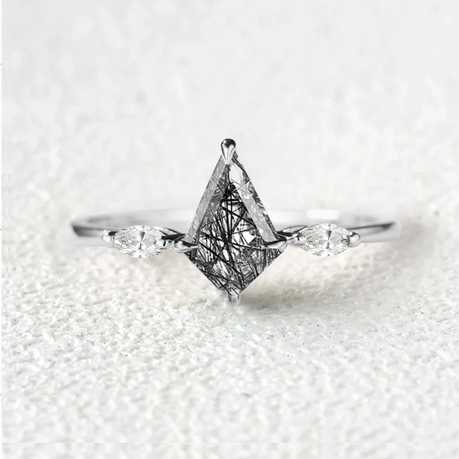 Kit Cut Black Rutilated Quartz Three Stone Engagement Ring Delicate Statement Luxury Spark