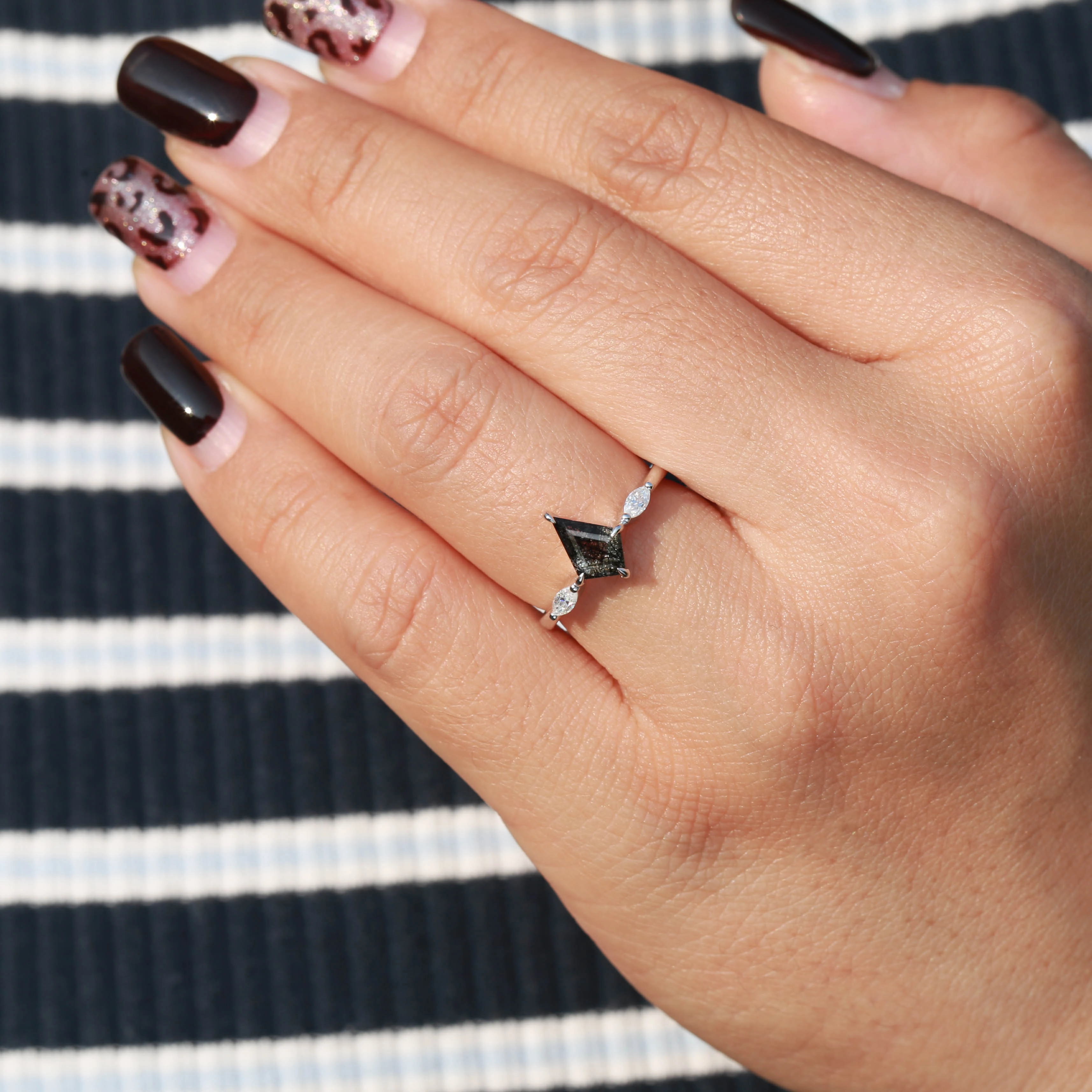 Kit Cut Black Rutilated Quartz Three Stone Engagement Ring Unique Emblem Exclusive Art