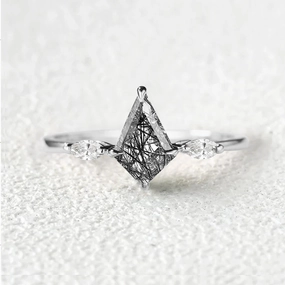 Kit Cut Black Rutilated Quartz Three Stone Engagement Ring Delicate Statement Luxury Spark