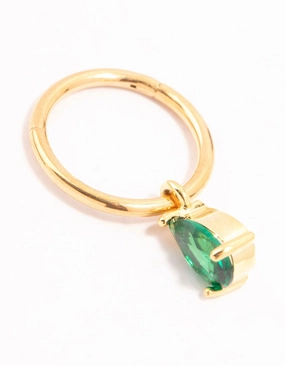 Fashionable Shine Gold Plated Surgical Steel Pear Green Diamante Drop Belly Bar