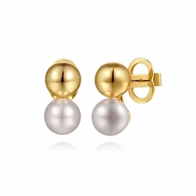 14K Yellow Gold Bujukan and Pearl Stud Earrings Chic Craft Shiny Gifts
