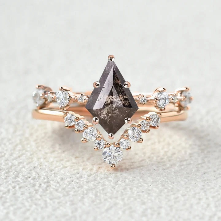 Vintage Token Custom Mark Cluster Black Rutilated Quartz Engagement Ring Sets 2pcs