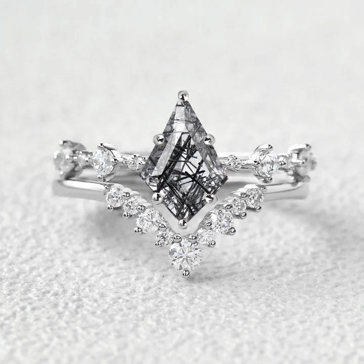 Cluster Black Rutilated Quartz Engagement Ring Sets 2pcs Stylish Art