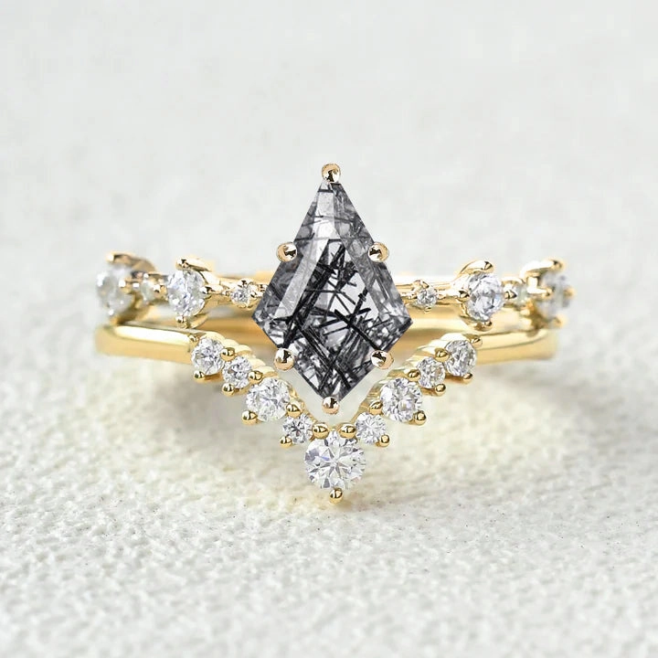Cluster Black Rutilated Quartz Engagement Ring Sets 2pcs Investment Jewelry