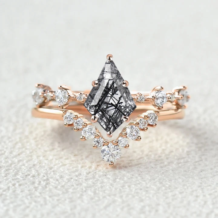Cluster Black Rutilated Quartz Engagement Ring Sets 2pcs Traditional Work Fresh Detail