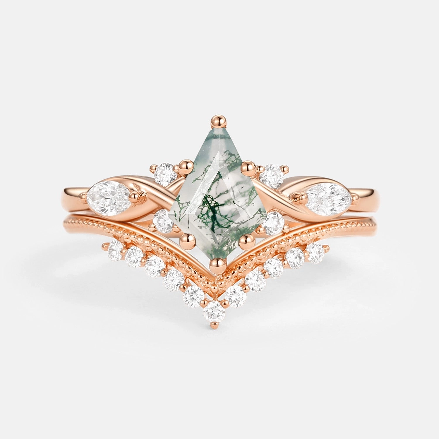 Formal Design Unique Kite Moss Agate Infinity Engagement Ring Sets 2pcs