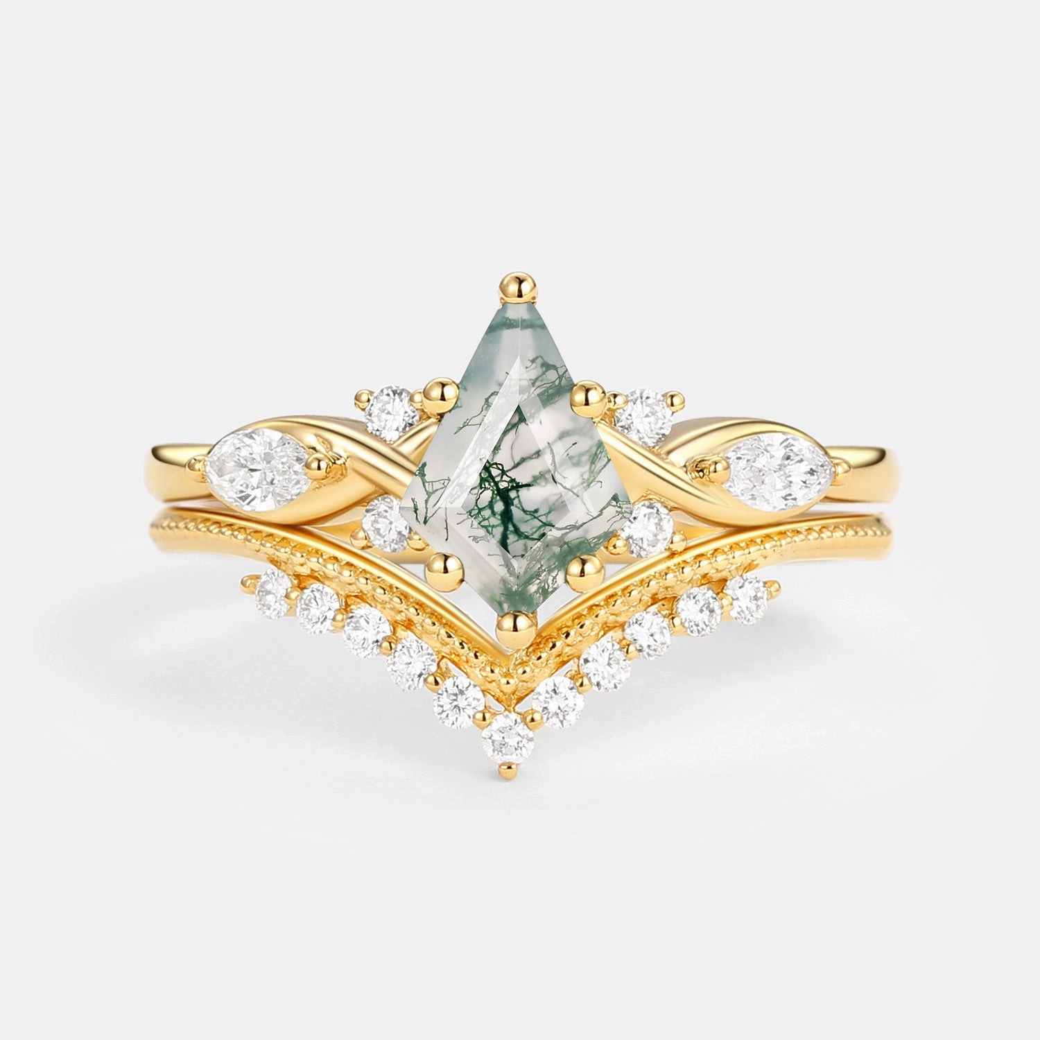 Unique Kite Moss Agate Infinity Engagement Ring Sets 2pcs Gleaming Form Seasonal Trend
