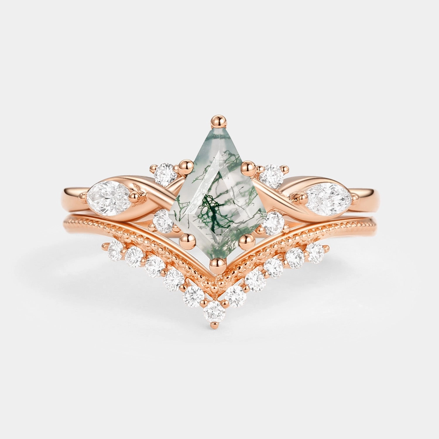 Unique Kite Moss Agate Infinity Engagement Ring Sets 2pcs color block