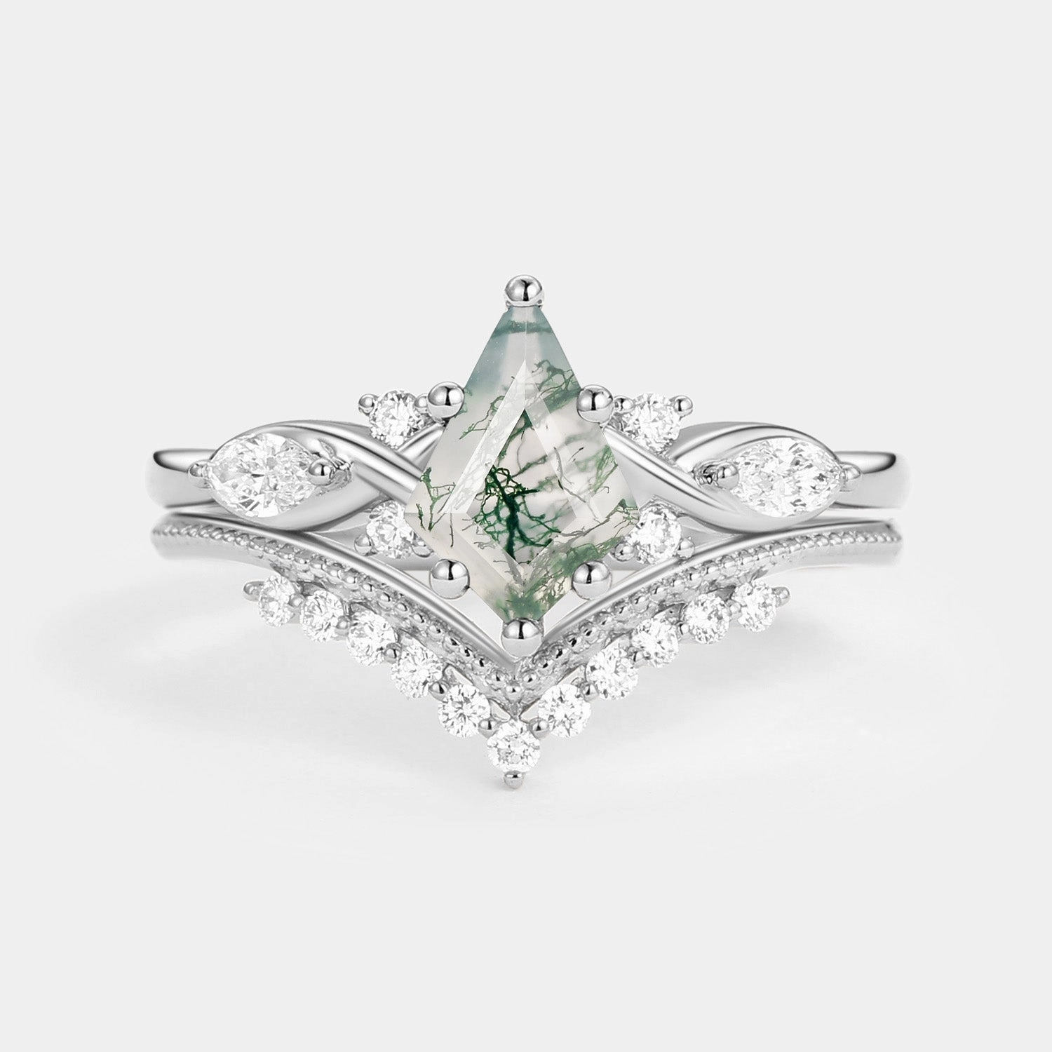 Bold Mood Classic Insignia Unique Kite Moss Agate Infinity Engagement Ring Sets 2pcs