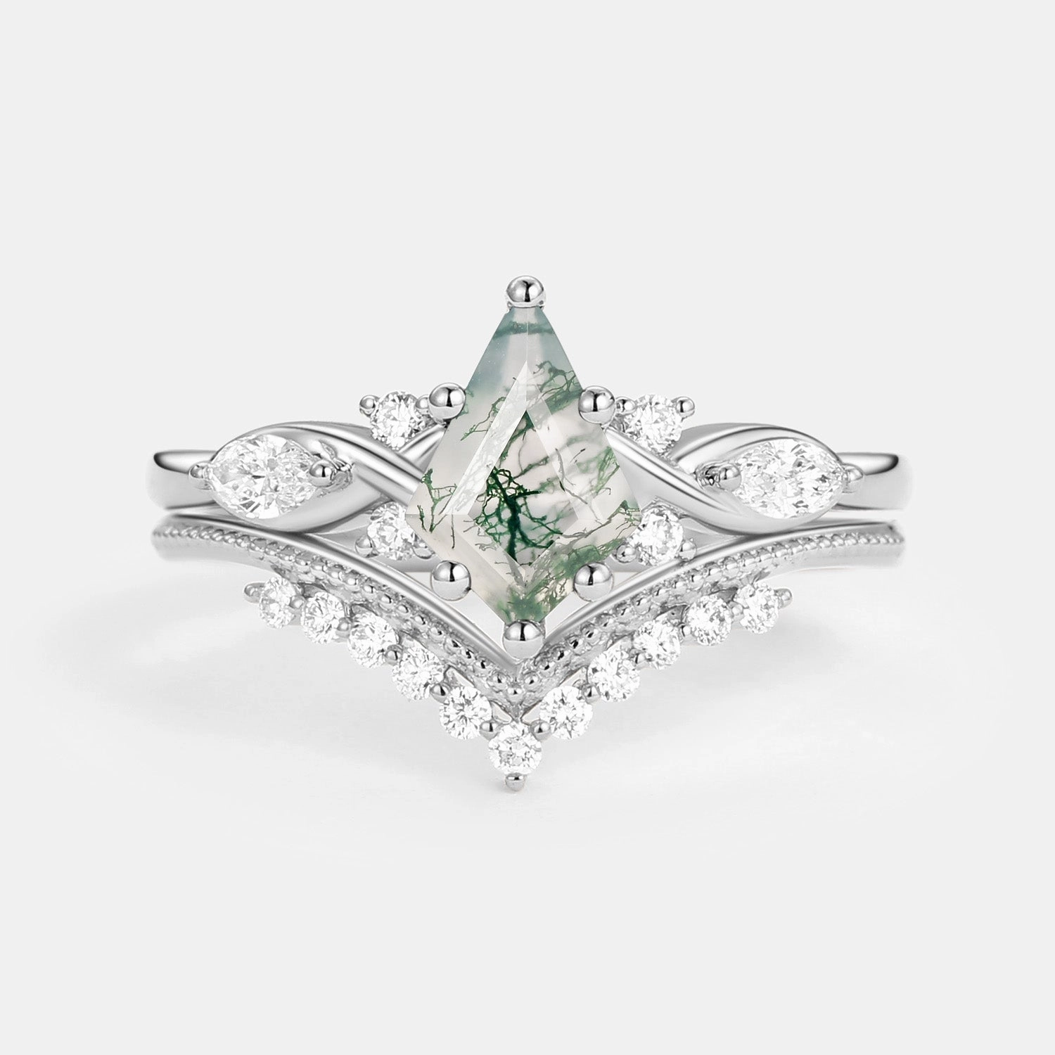 Unique Kite Moss Agate Infinity Engagement Ring Sets 2pcs Traditional Accessory Luxury Appeal