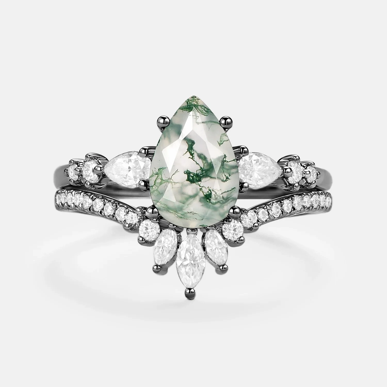 Black Gold Signature Pear Moss Agate Staccato Ring Set 2pcs - Scottie Meaningful Ornament