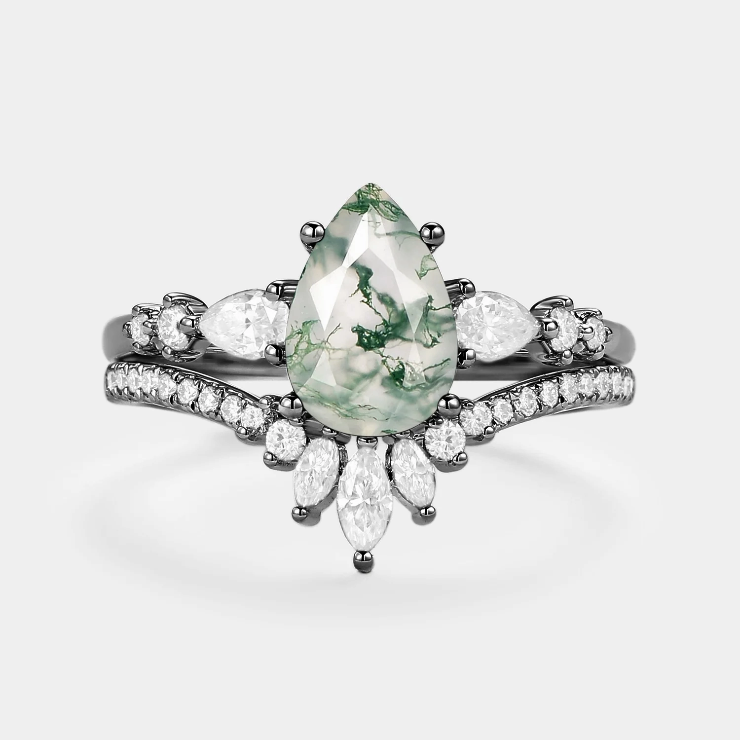 Eternal Statement Black Gold Signature Pear Moss Agate Staccato Ring Set 2pcs - Scottie