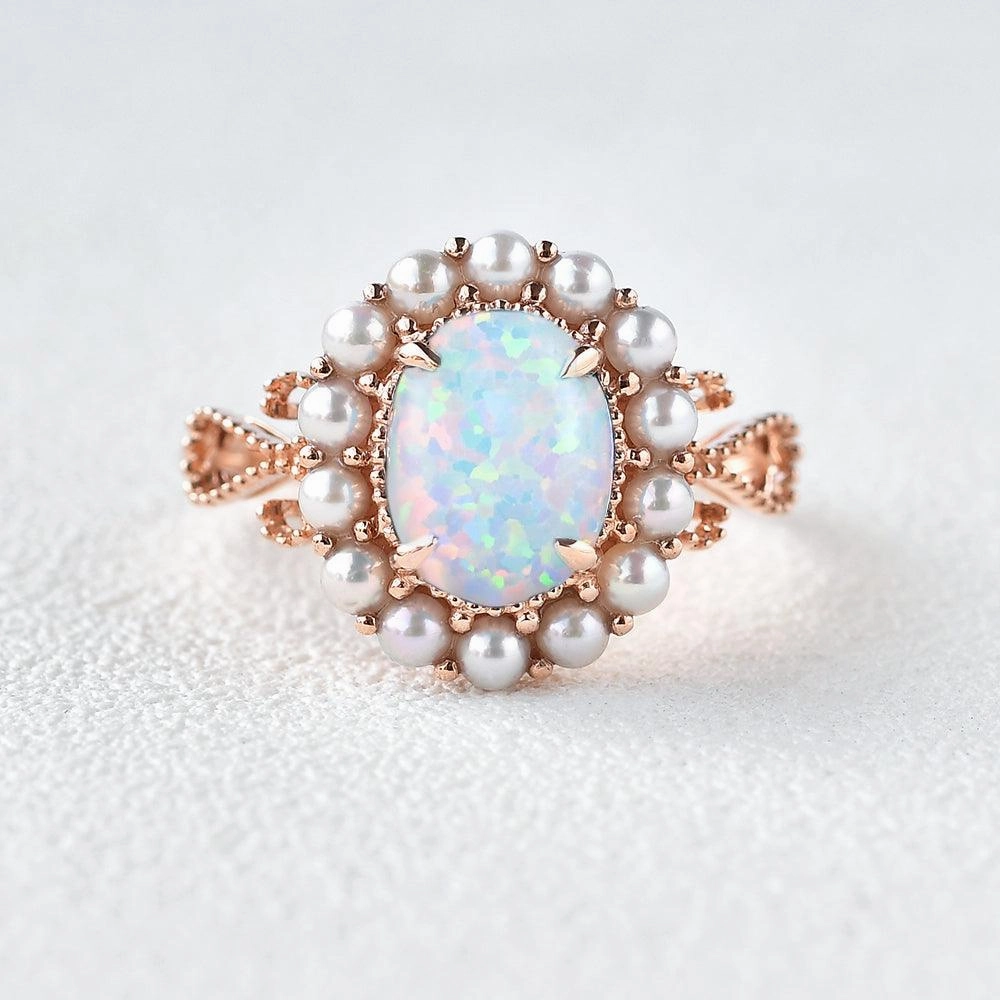 Meaningful Object Budget Jewelry Oval Cut Lab Opal & Pearls Halo Rose Gold Ring
