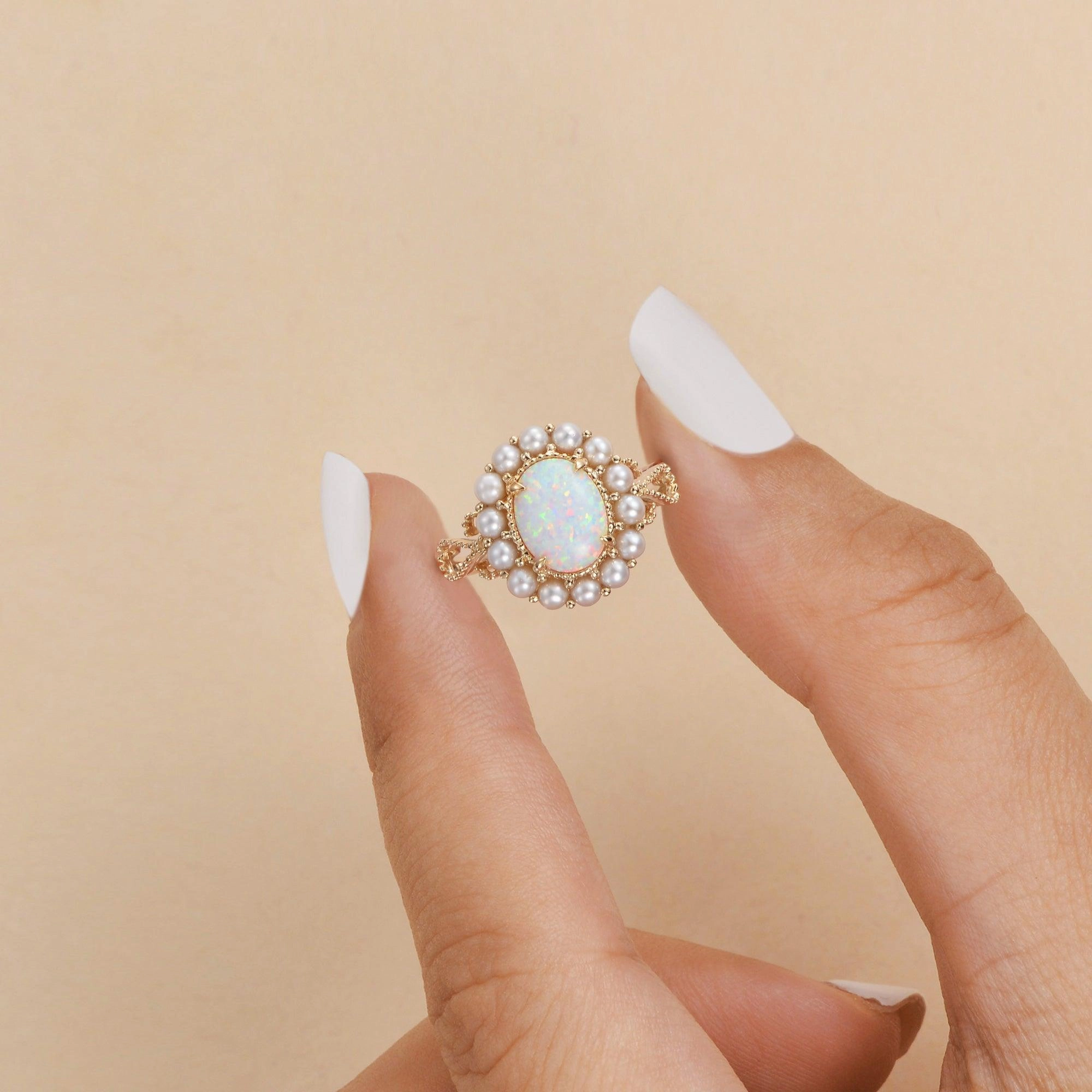 Oval Cut Lab Opal & Pearls Halo Rose Gold Ring Adult Appropriate
