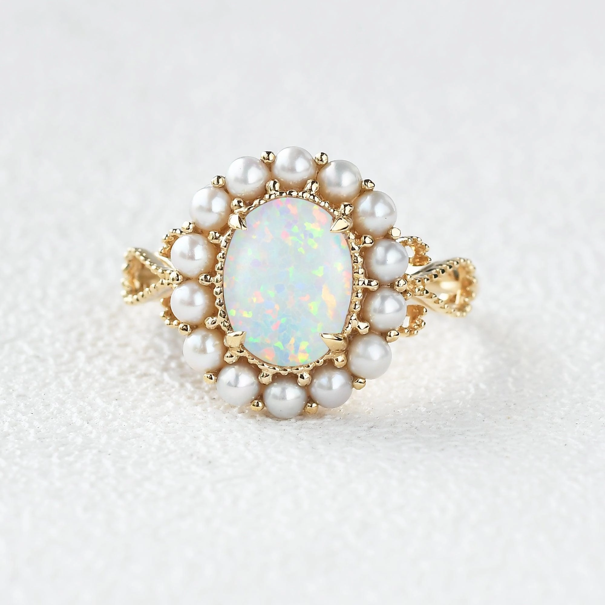 Oval Cut Lab Opal & Pearls Halo Rose Gold Ring Classic Memento Ornate Ornament