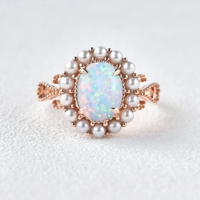 Meaningful Object Budget Jewelry Oval Cut Lab Opal & Pearls Halo Rose Gold Ring