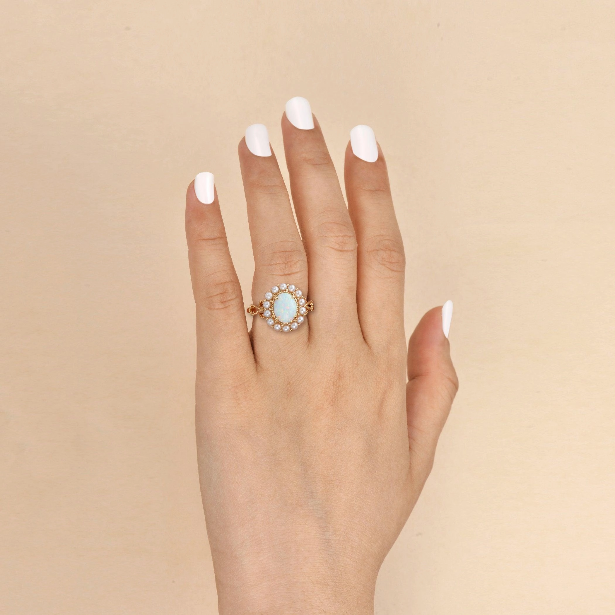 Oval Cut Lab Opal & Pearls Halo Rose Gold Ring All Time