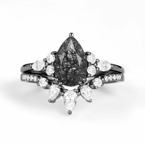 Black Gold 1.5ct Pear Shaped Black Rutilated Quartz Gold Ring Set 2pcs - Sage Dressing Up Everyday Glam