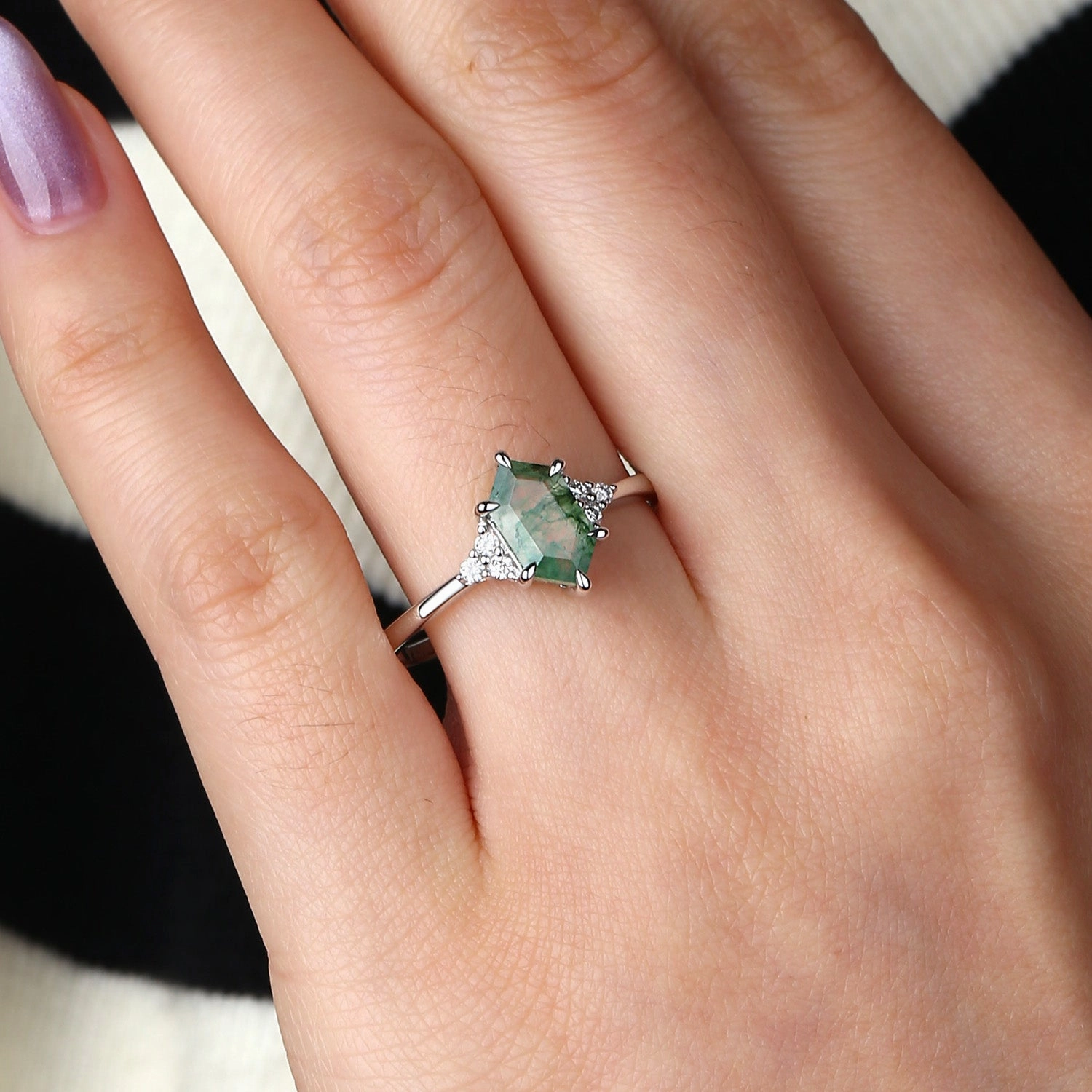 Black Gold Hexagon Moss Agate 3 Stone Engagement Ring - Nova Vintage Item